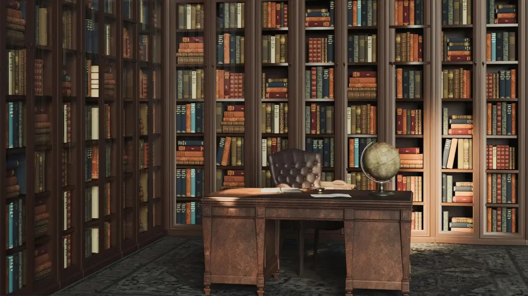 A classic wood-panelled law library with floor-to-ceiling bookshelves and a vintage desk, representing the established legal heritage of Tallents Solicitors and the 55% organic traffic growth achieved through Repeat Digital's SEO strategy