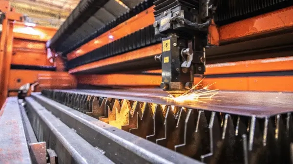 An industrial laser cutting machine in operation with sparks flying, representing the manufacturing sectors supported by Becker UK’s vacuum solutions and Repeat Digital’s SEO strategy.