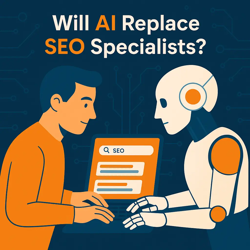 Flat illustration of a human and robot working together on SEO at a laptop, symbolising AI and human collaboration