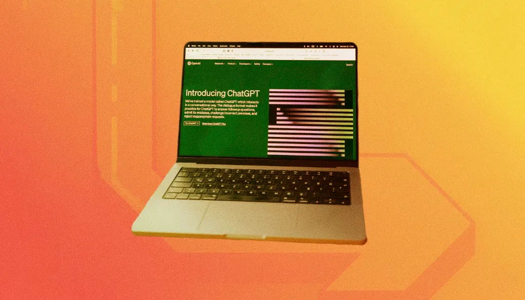 A laptop showing the ChatGPT interface on an orange and yellow background, representing generative engine optimisation services for AI search engines.