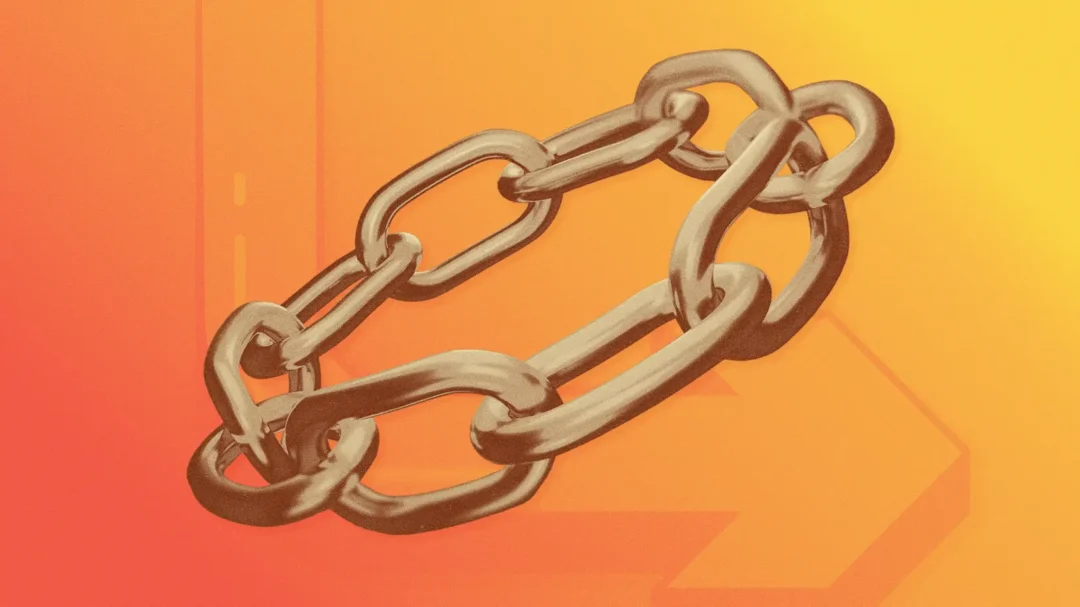 An illustration of a metal chain against an orange gradient background, representing backlink building and domain authority for search engine optimisation.